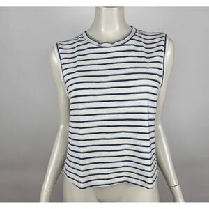 AMO Striped Sleeveless Baby Tee Women L Cotton Stretch Crew Neck Top Cropped‎